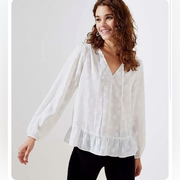 White Shimmer Floral Blouse Split Neck Sz Med LOFT - Picture 12 of 12